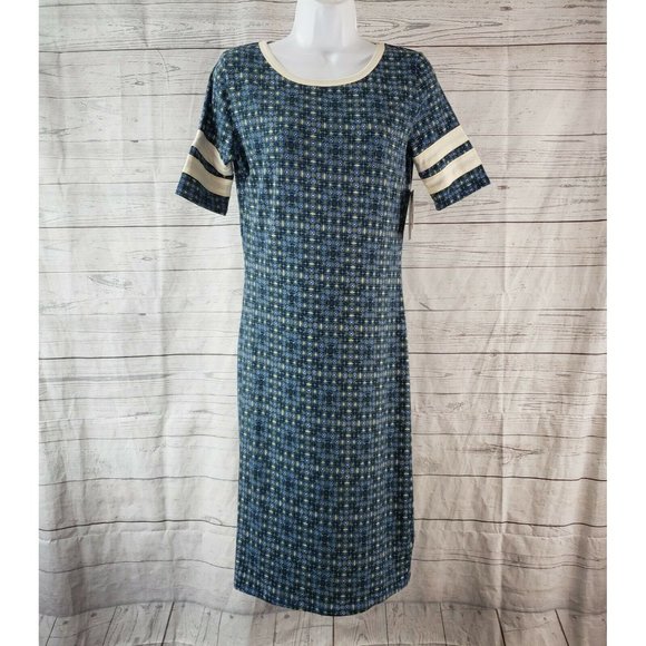 LuLaRoe Womens Julia Dress Sz Small Blue Green Short‎ Sleeve - Picture 1 of 7